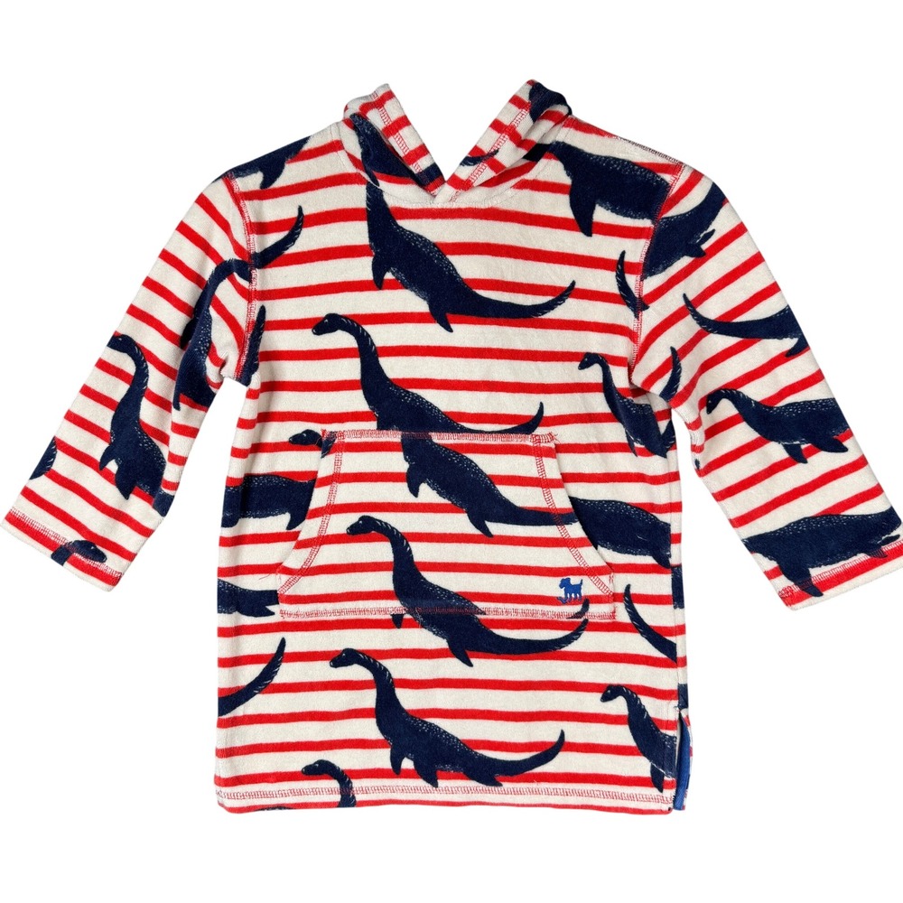 Mini Boden Kids Red Striped Loch Ness Monster Towelling Throw-On Hoodie 5-6Y